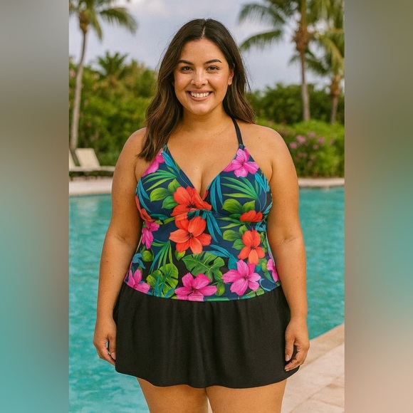 Vintage 90s Deadstock JCPenney Beach Native plus tankini & skirt swimsuit set - Picture 1 of 8